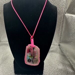 Pink & white floral in-fuzed with butterfly glass Beaded Bezel Pendant Necklace